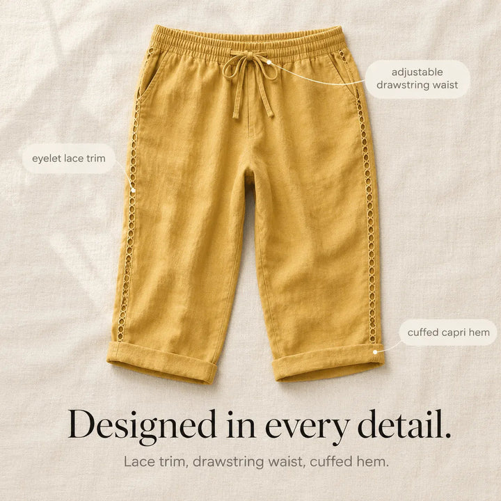 Loravie – Eyelet Trim Cotton-Linen-like Capri Pants with Drawstring Waist