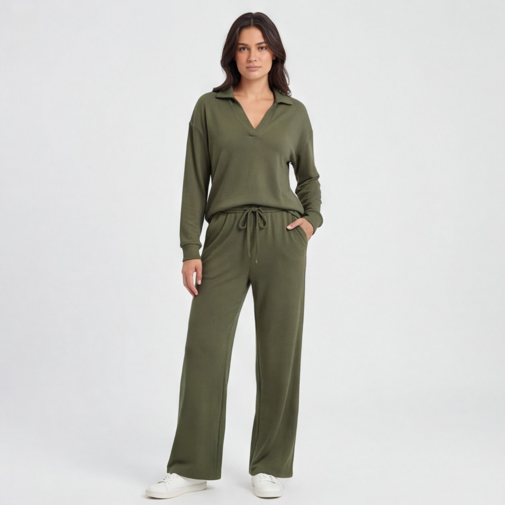 Veluna™ – Soft V-Neck Lounge Set with Wide Leg Pants