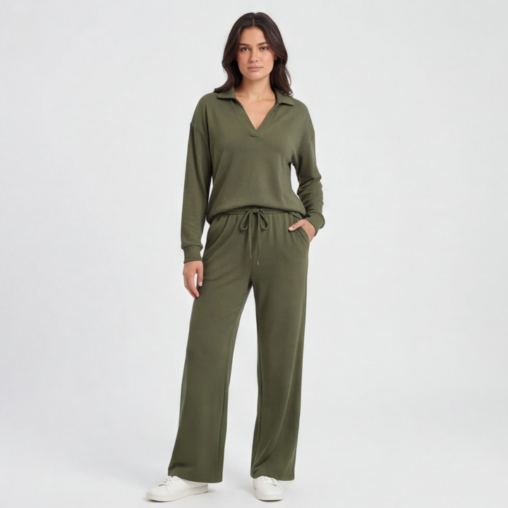 Veluna™ – Soft V-Neck Lounge Set with Wide Leg Pants