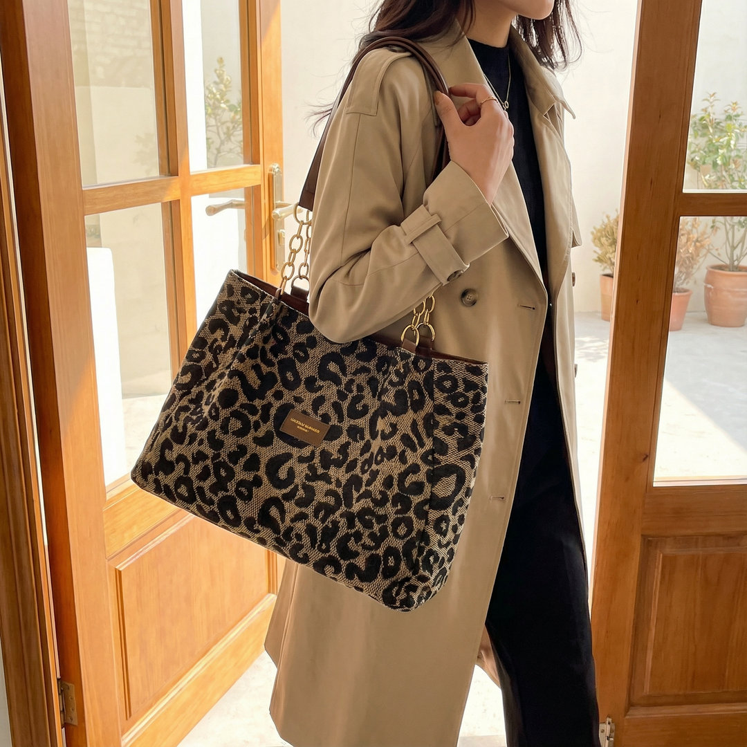 Lynxe™ – Leopard Print Tote with Chain Detail