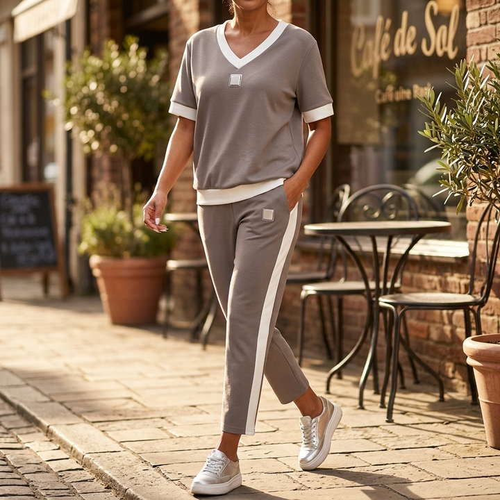 Ellara™ – Contrast Trim V-Neck and Pants Set