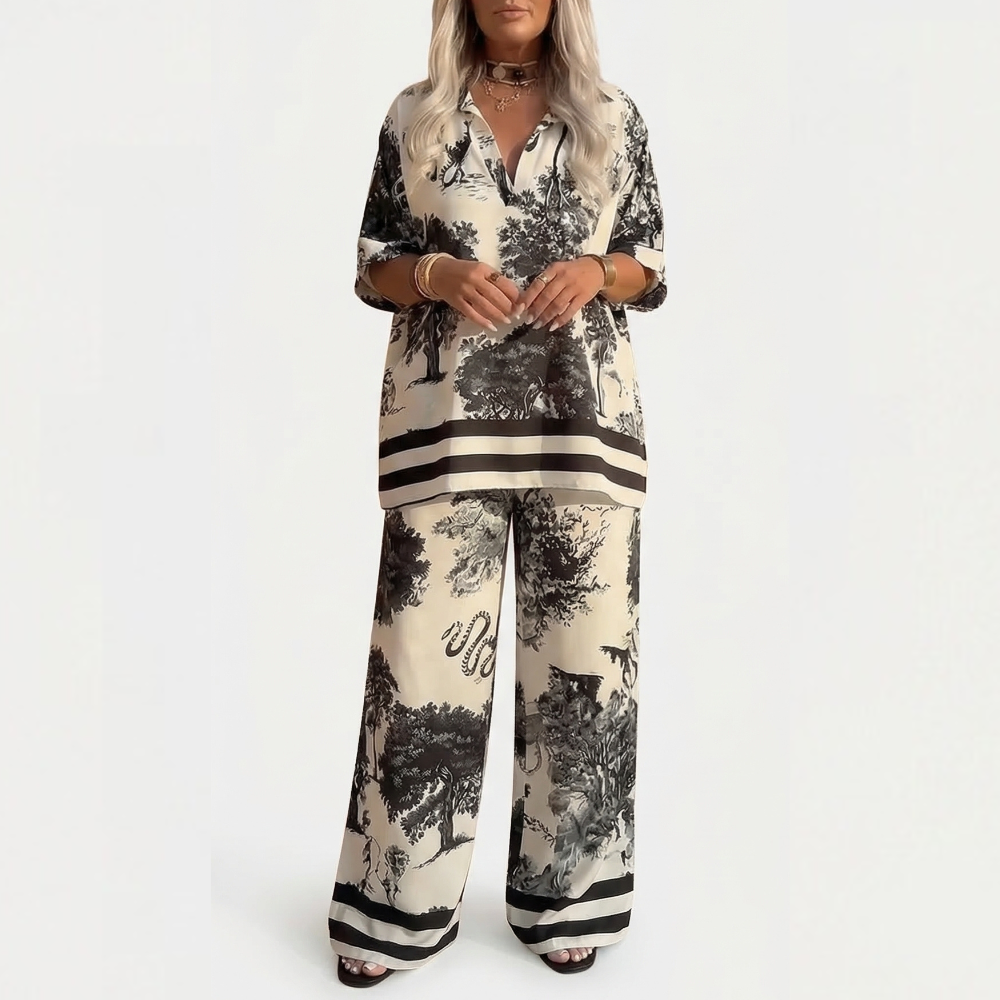 Vivara™ – Printed V Neck Top and Wide Leg Pants Set