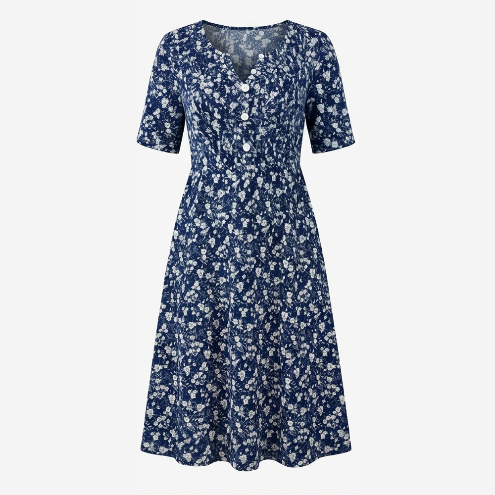 Soléra™ Floral V-Neck Midi Dress with Pockets