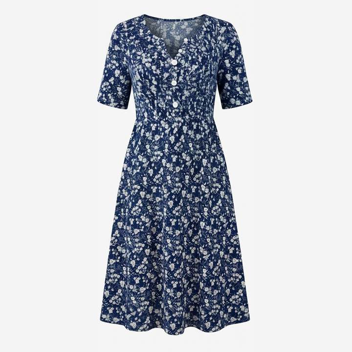Soléra™ Floral V-Neck Midi Dress with Pockets