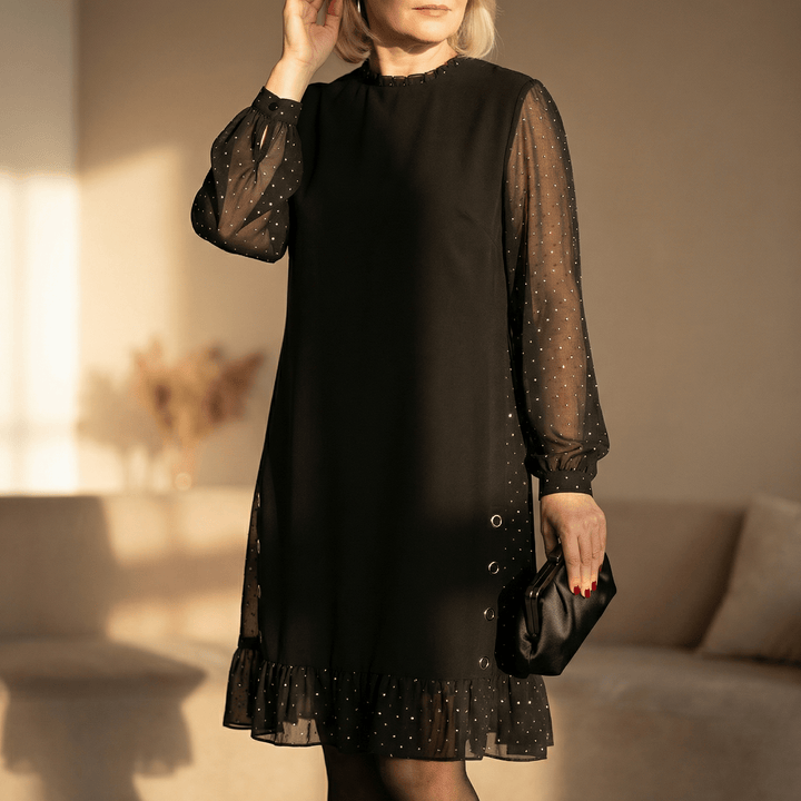 Lumiveil™ – Rhinestone Mesh Sleeve Dress with Ruffle Hem