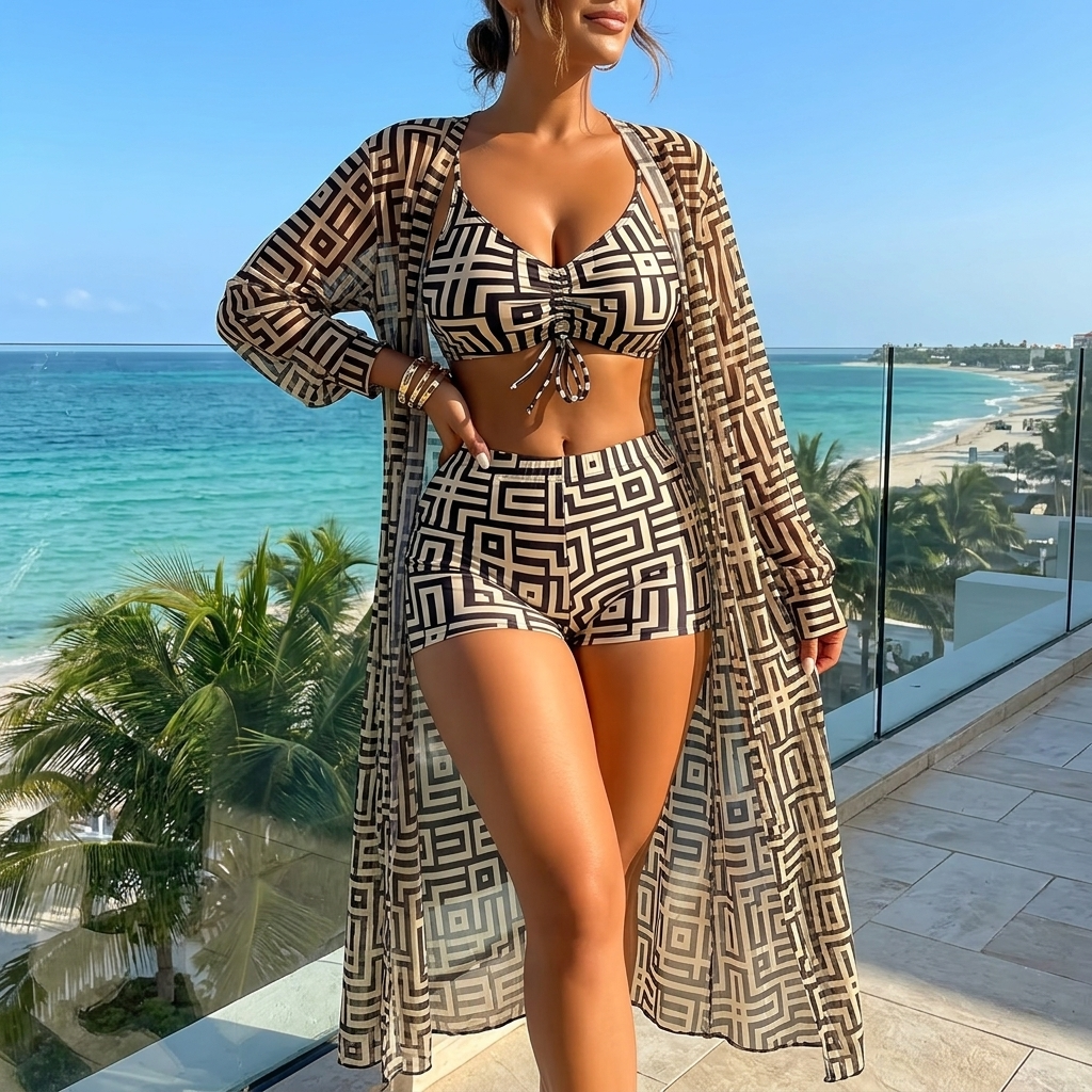 Solena™ 3 Piece Geometric Swim Set with Cover-up