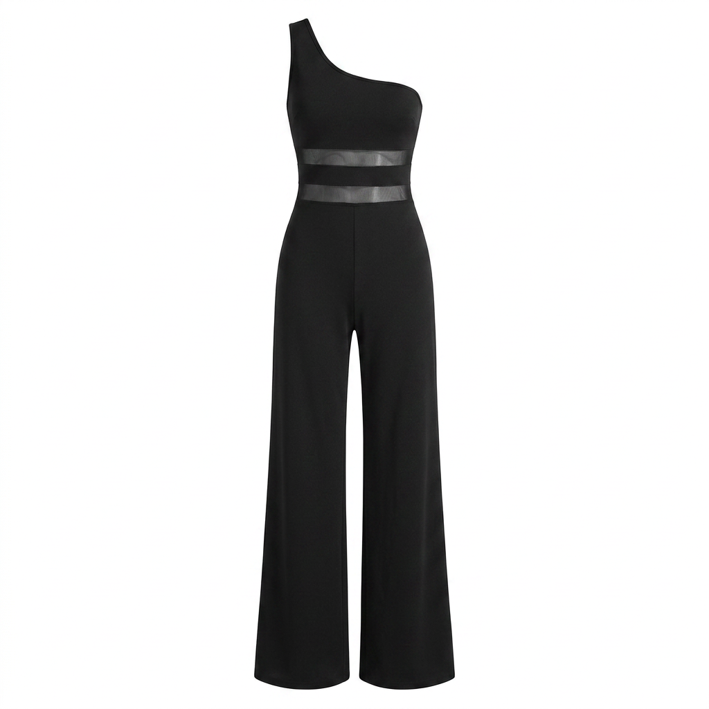 Veluna™ – One-Shoulder Mesh Waist Jumpsuit