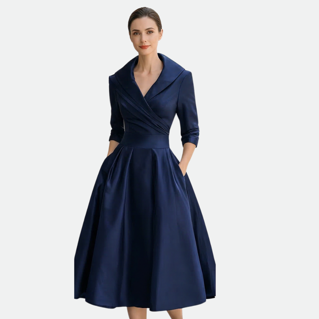 Vivessa™ – Vintage Satin Midi Dress with Draped Collar