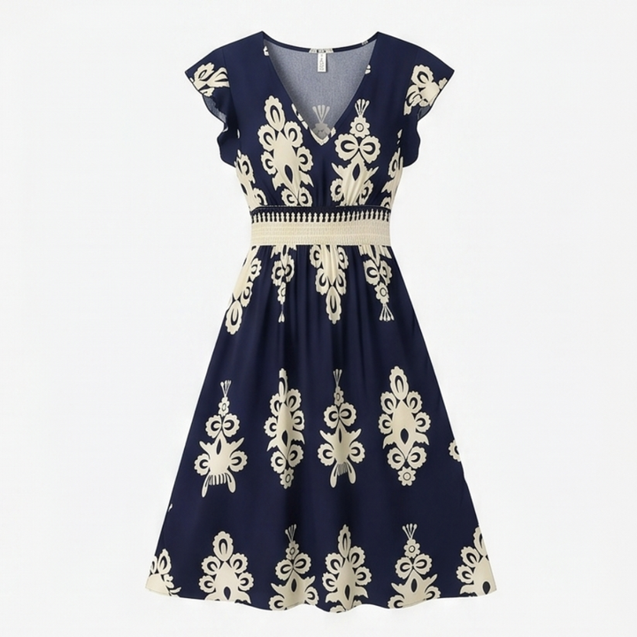 Osyrel™ – Damask Print Midi Dress with V-Neck