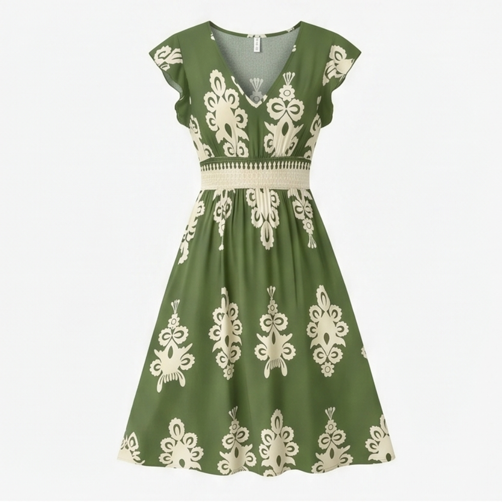 Osyrel™ – Damask Print Midi Dress with V-Neck
