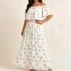 Florevia™ – Off-Shoulder Floral Maxi Dress with Hidden Pockets