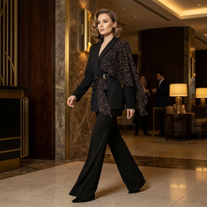 Selvana™ – Leopard Accent Blazer and Pants Set