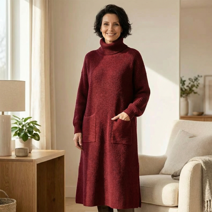 Velara™ - Relaxed Turtleneck Sweater Dress with Pockets