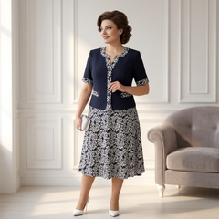 Maelyn™ Elegant Navy Floral Dress with Built-in Jacket
