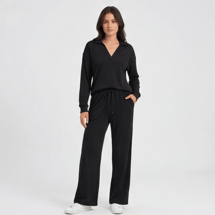 Veluna™ – Soft V-Neck Lounge Set with Wide Leg Pants