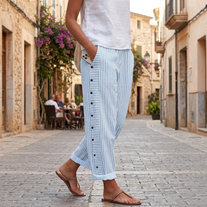 Coastlyn™ – Striped Cotton Pants with Button Trim