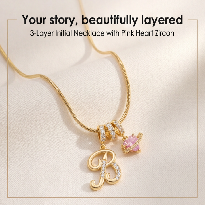 LUMARA™ - 3-Layer Initial Necklace with Pink Heart Zircon