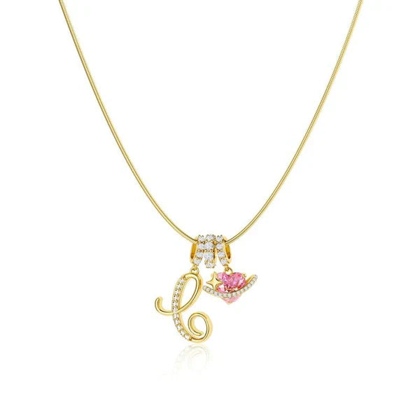 LUMARA™ - 3-Layer Initial Necklace with Pink Heart Zircon