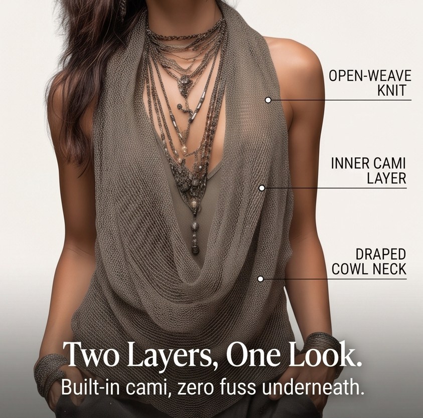 Lunessa™ – Draped Cowl-Neck Knit Halter Top