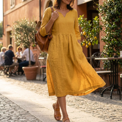 Solenne™ – Relaxed V-Neck Midi Dress with Pockets