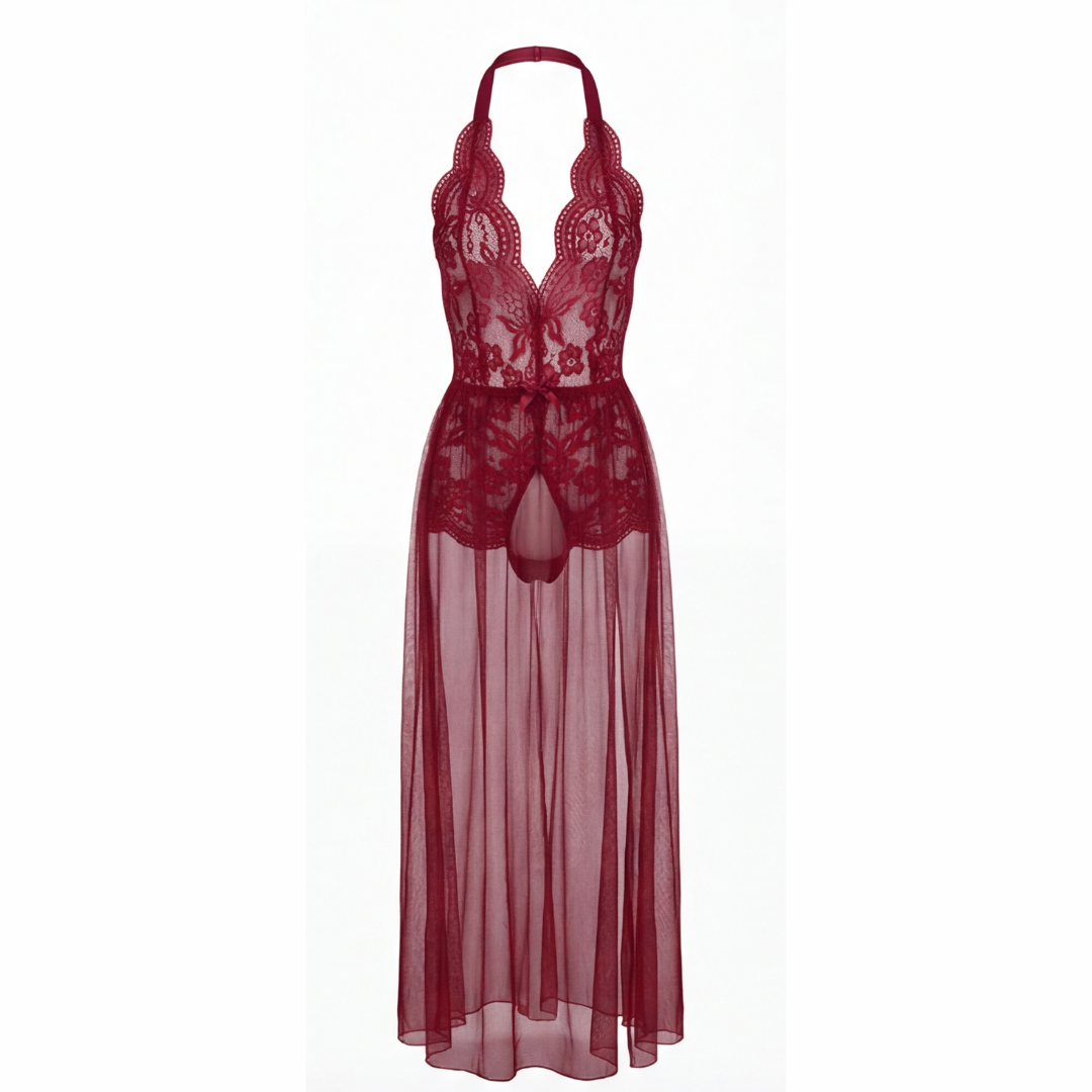 Velaire™ – Scalloped Lace Bodysuit with Sheer Mesh Train (One Size)