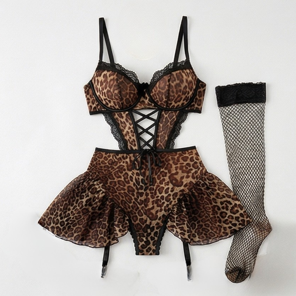 Nocturra™ – Lace Corset Nightgown Set with Fishnet Stockings