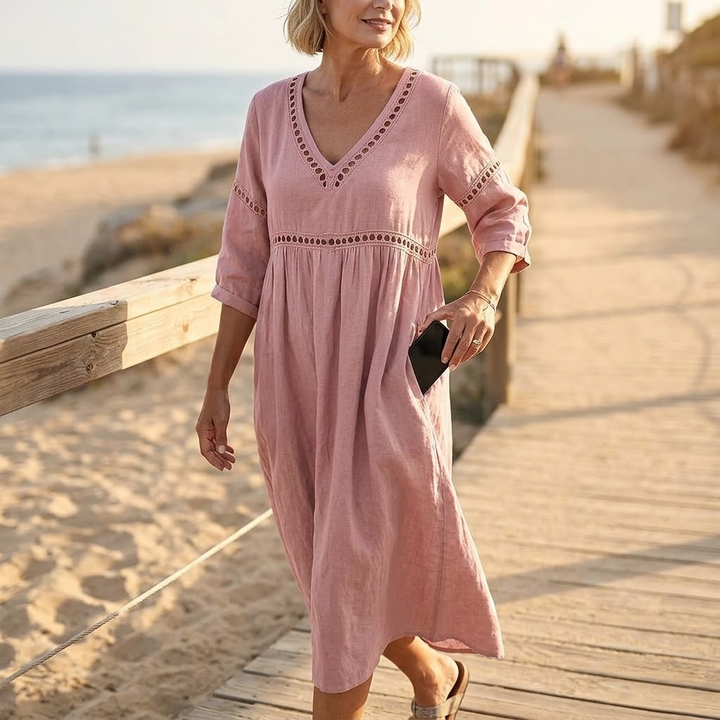 Solmera™ – Crochet Trim Midi Dress