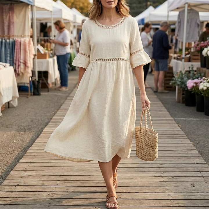 Solenne™ – Breathable Cotton Linen Lace Midi Dress