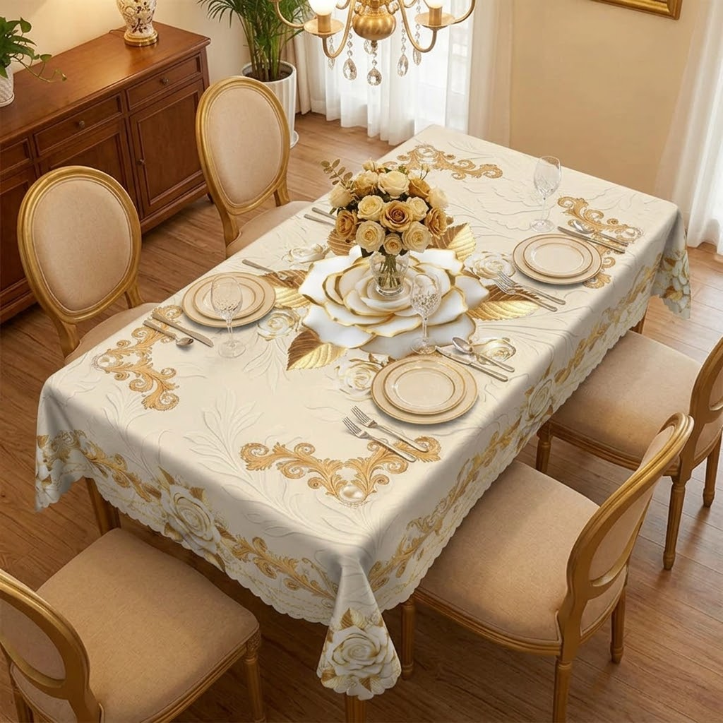 Rosalina™ – Embossed Gold Rose Waterproof Tablecloth