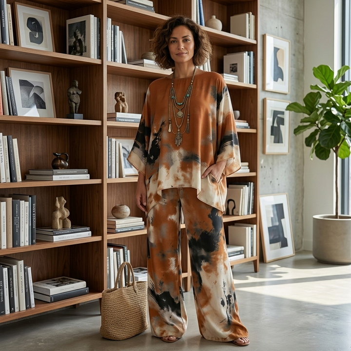 Aterra™ - Artistic Watercolor Tunic and Wide Leg Pants Set