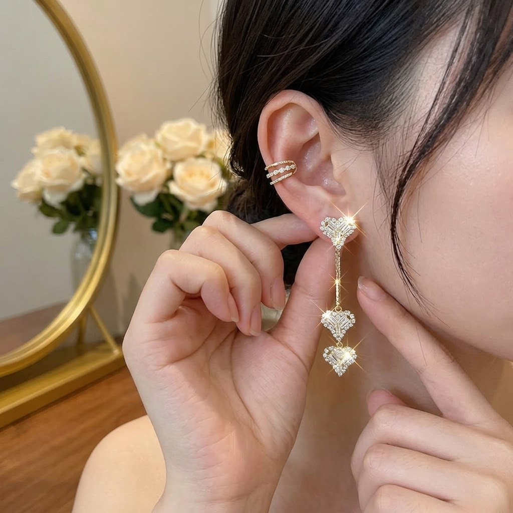 Lunavia™ Triple Heart Drop Earrings with Matching Ear Cuff