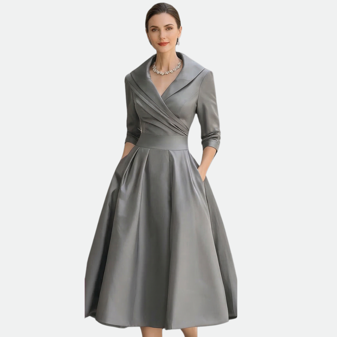 Vivessa™ – Vintage Satin Midi Dress with Draped Collar