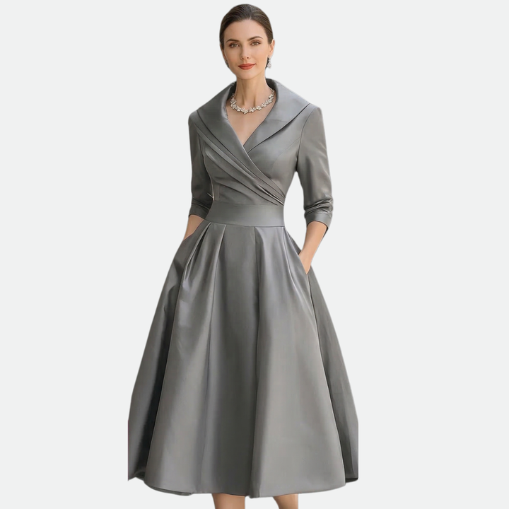 Vivessa™ – Vintage Satin Midi Dress with Draped Collar