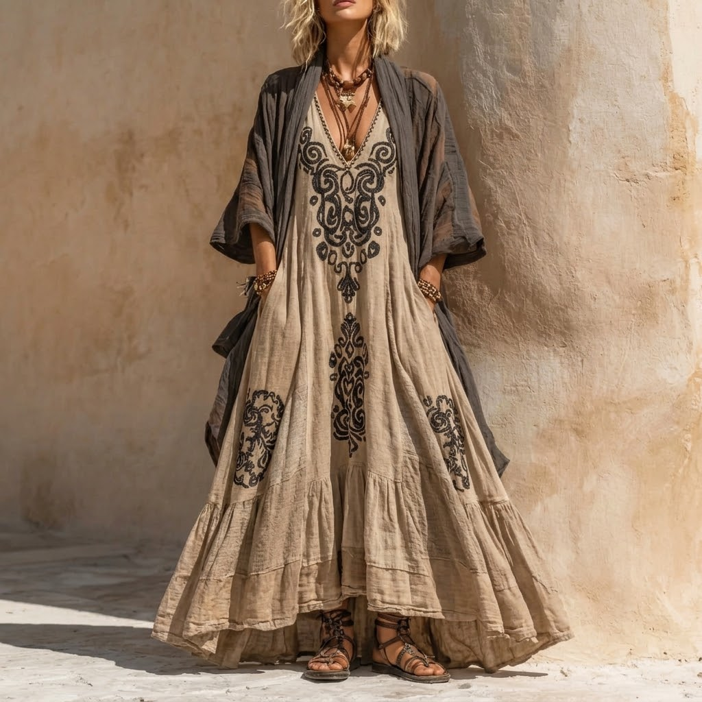 Solenza™ — Embroidered Boho Maxi Dress & Kimono Set