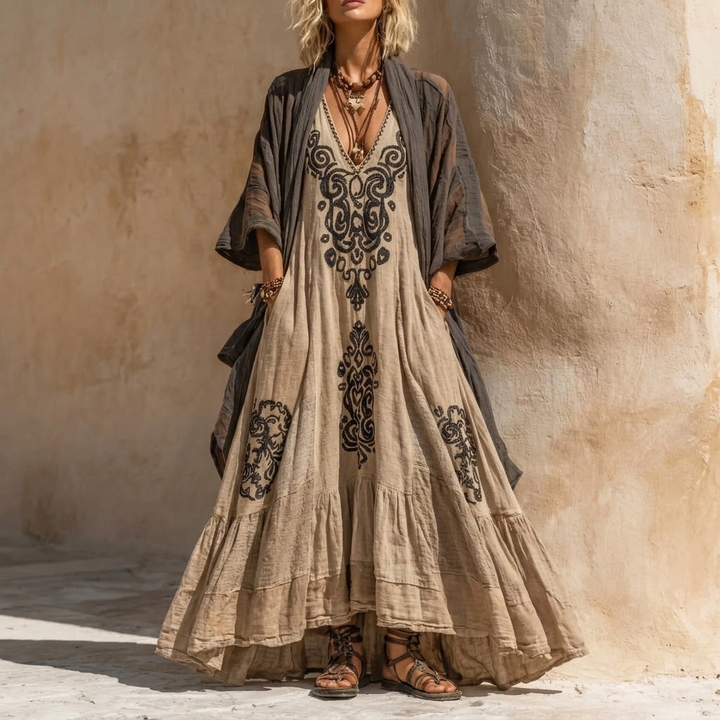 Solenza™ — Embroidered Boho Maxi Dress & Kimono Set