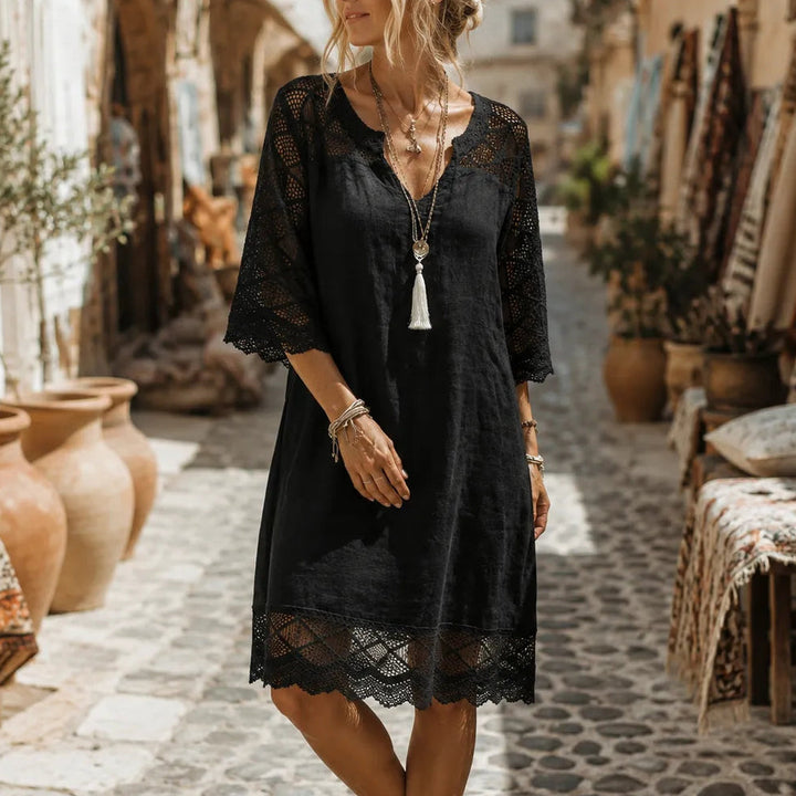 Solenne – Boho Shift Dress with Crochet-like Shoulders and Scalloped Hem