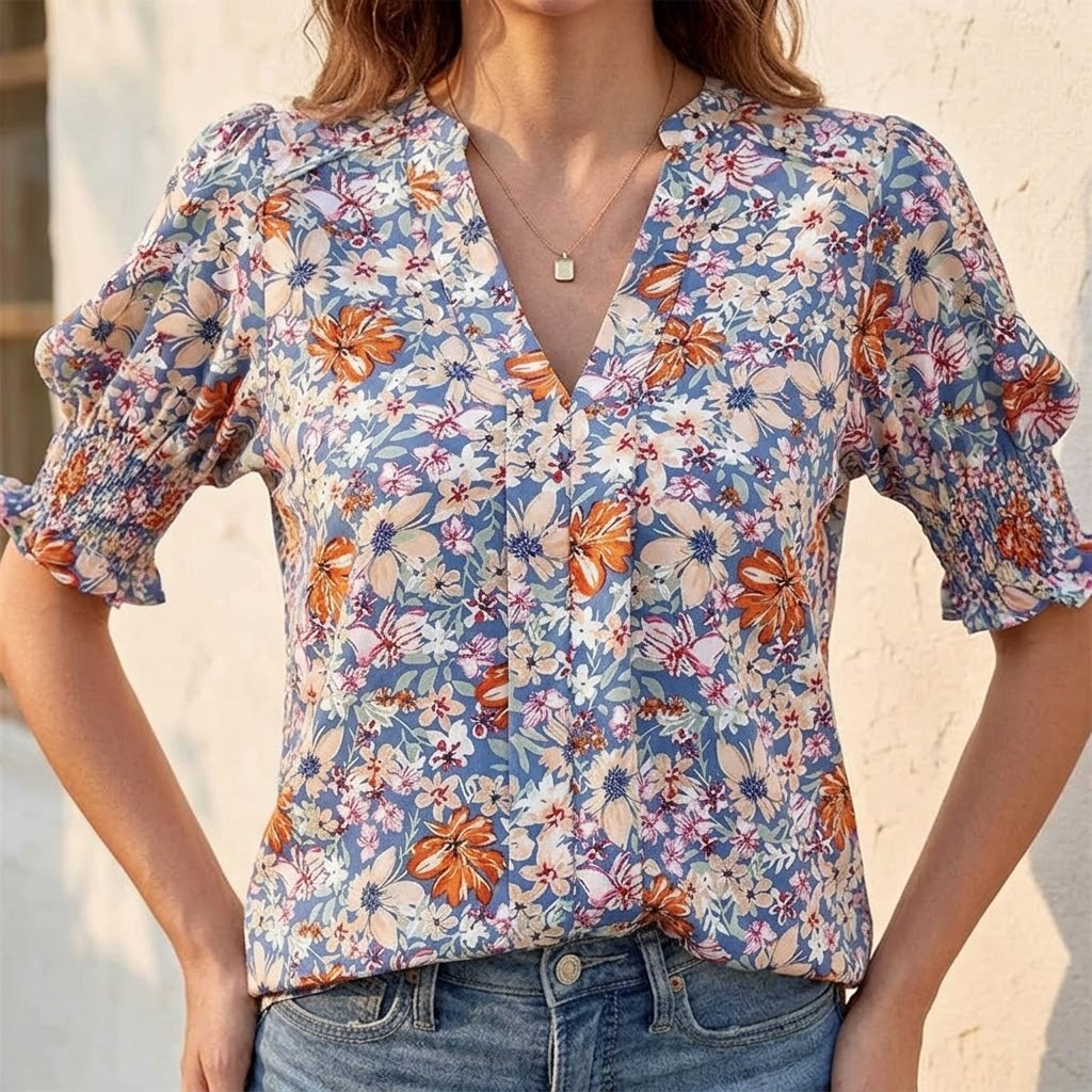 Florenza™ – Floral Puff Sleeve V-Neck Blouse