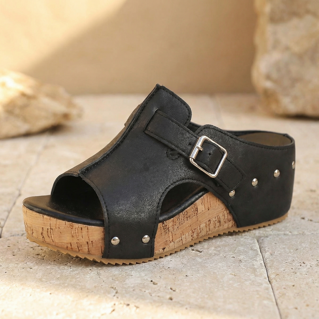 Solana™ – Retro Cork Wedge Sandals with Rivet Detail