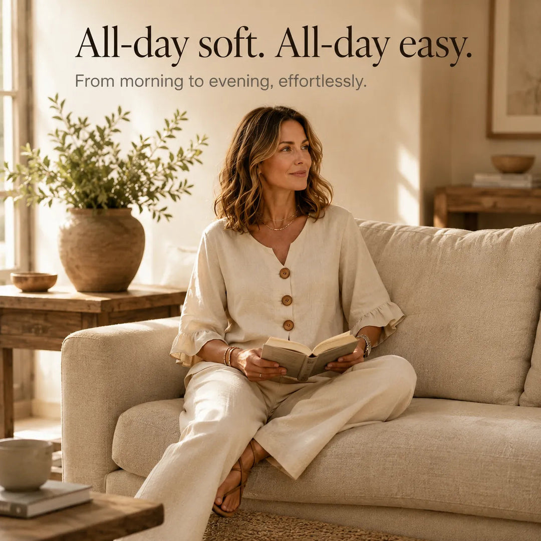 Lunavia – Linen-Look Two-Piece Set with Ruffle Sleeves and Wide-Leg Pants
