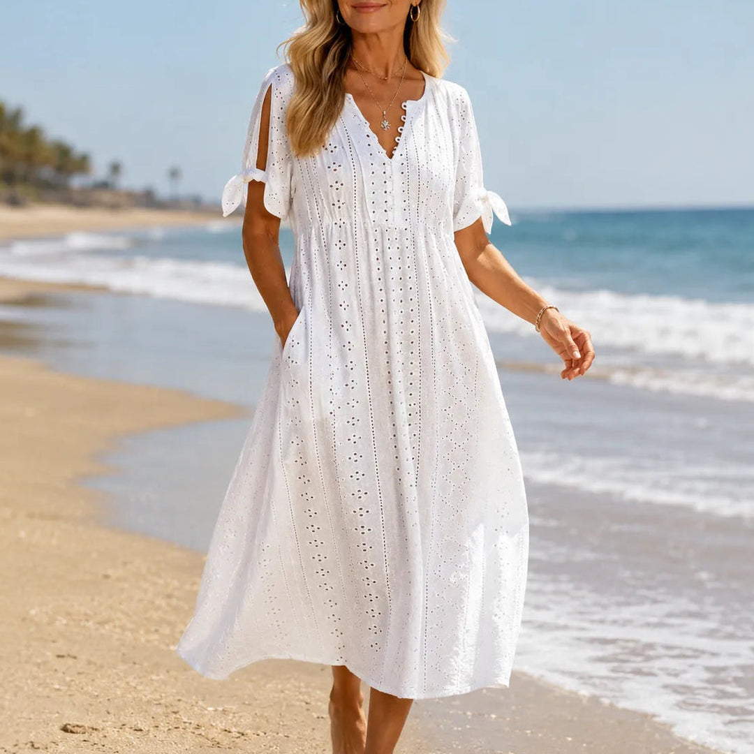 Lunavia – Eyelet V Neck Midi Dress with Tie Sleeves and Pockets