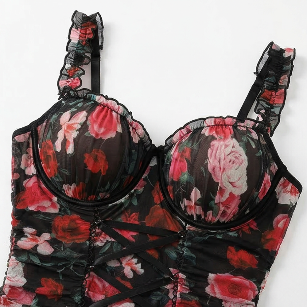 Rosaveil™ – Floral Mesh Lace Up Nightdress