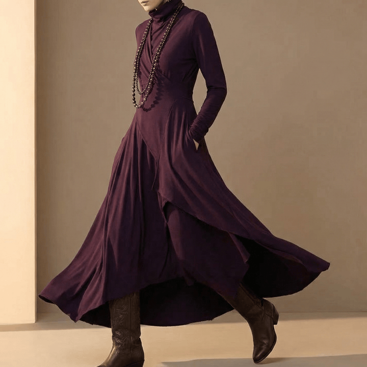 Florenne™ – Asymmetrical Draped High Neck Maxi Dress