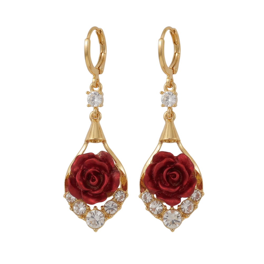 Rosavelle™ – Red Rose Crystal Drop Earrings