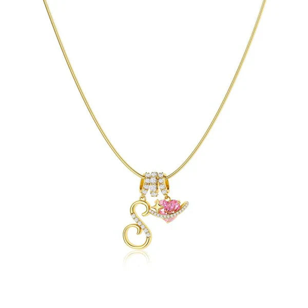LUMARA™ - 3-Layer Initial Necklace with Pink Heart Zircon