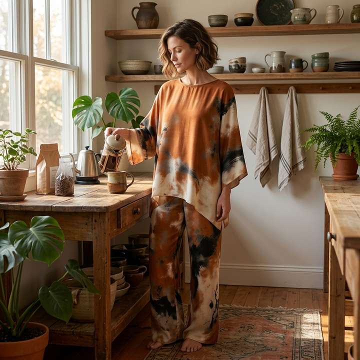 Aterra™ - Artistic Watercolor Tunic and Wide Leg Pants Set