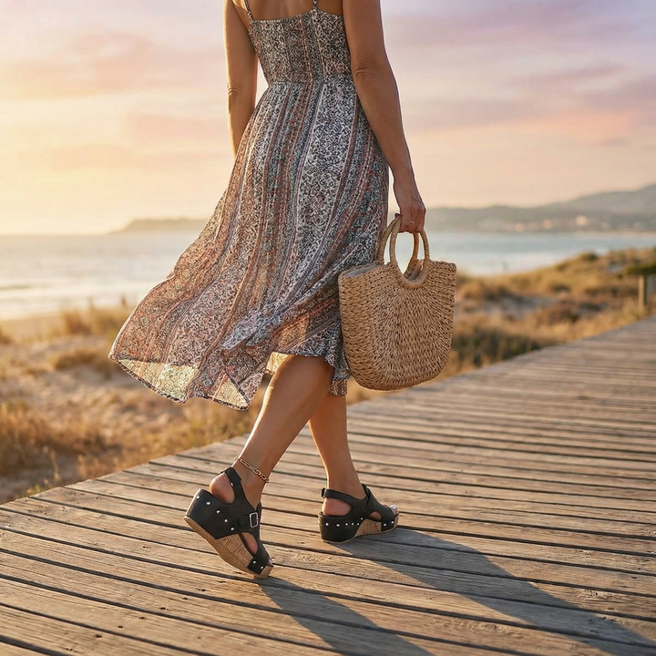 Solana™ – Retro Cork Wedge Sandals with Rivet Detail