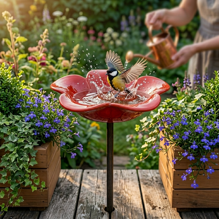 PetalHaven™ Hand-Formed Poppy Bird Bath Garden Stake