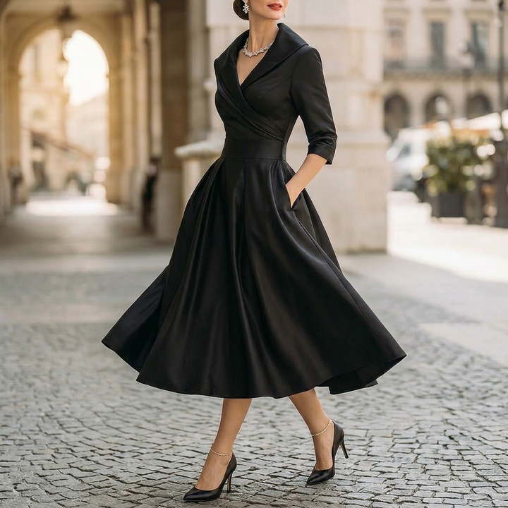 Vivessa™ – Vintage Satin Midi Dress with Draped Collar