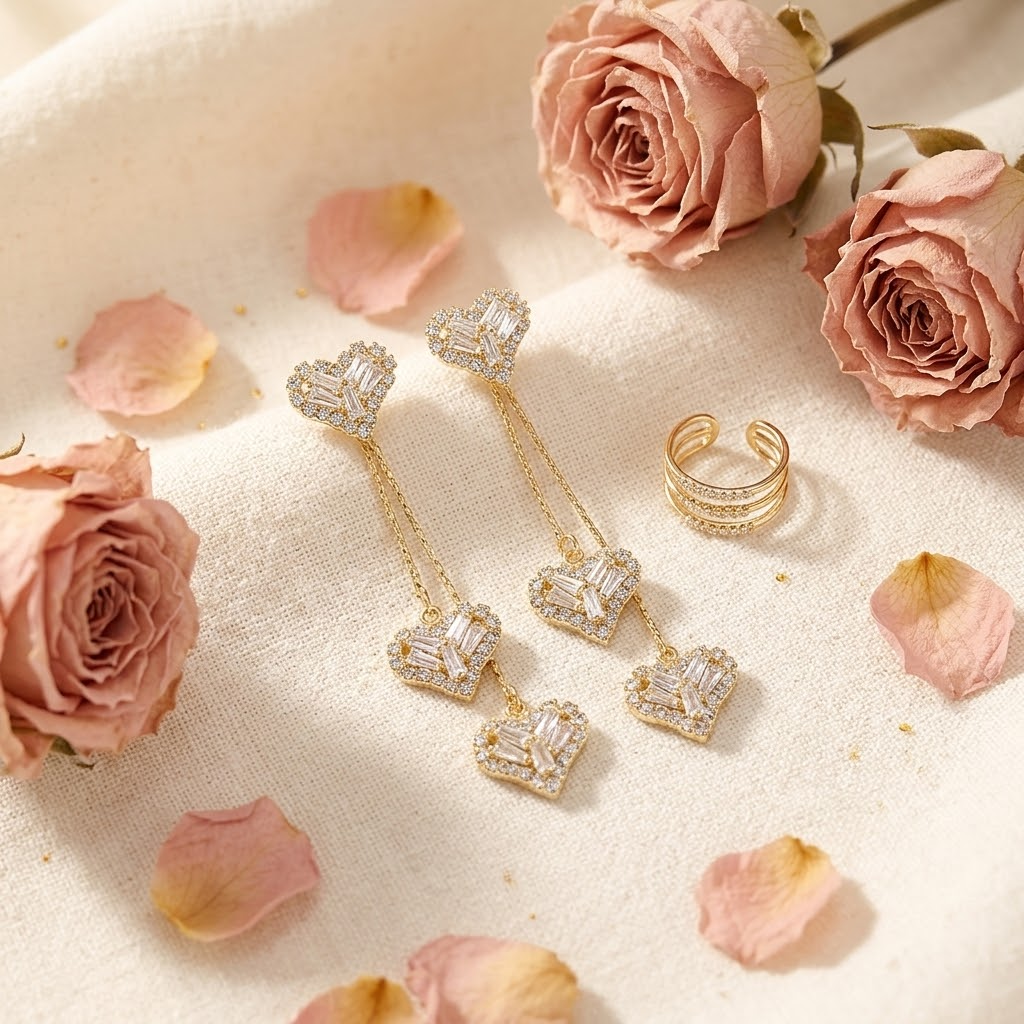 Lunavia™ Triple Heart Drop Earrings with Matching Ear Cuff