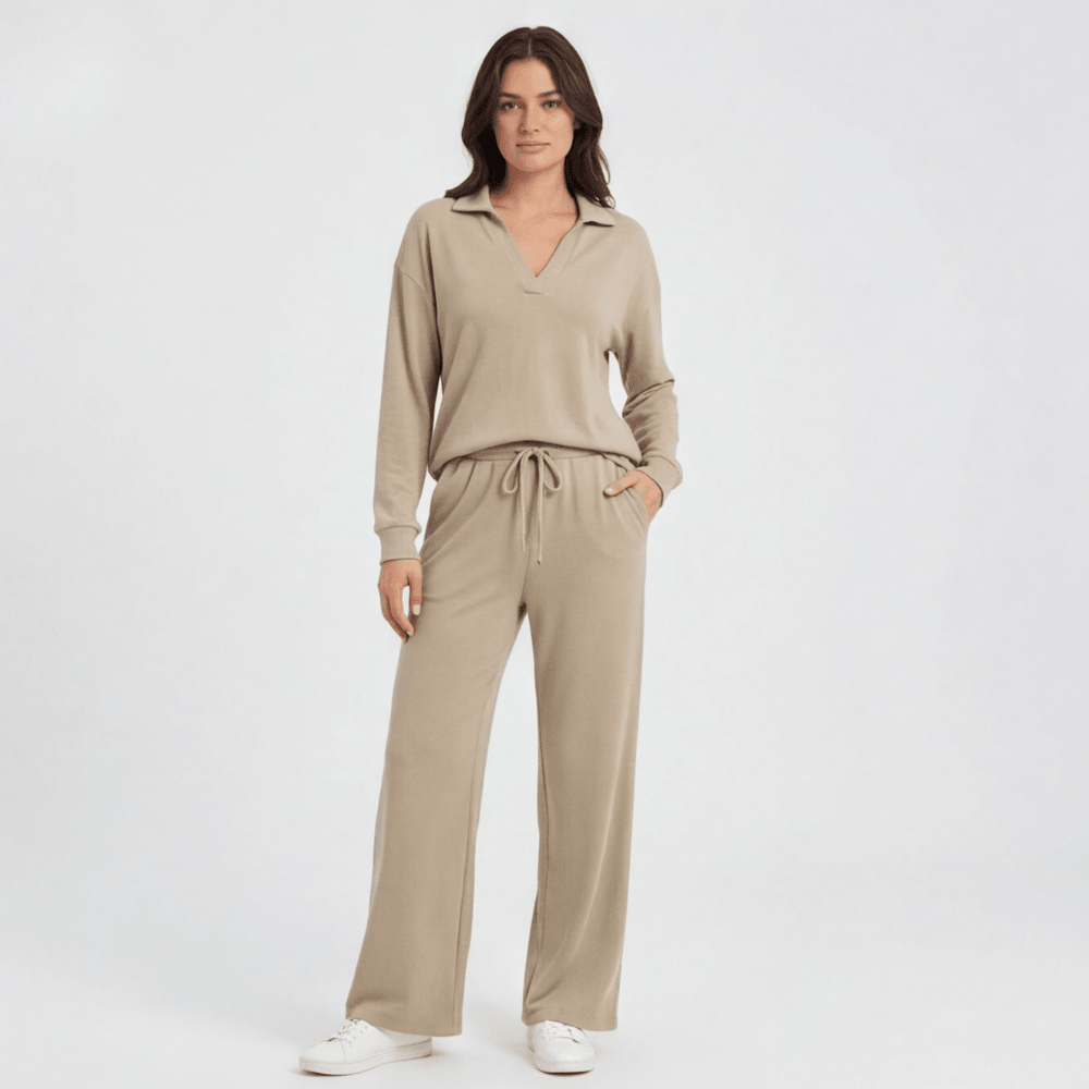 Veluna™ – Soft V-Neck Lounge Set with Wide Leg Pants